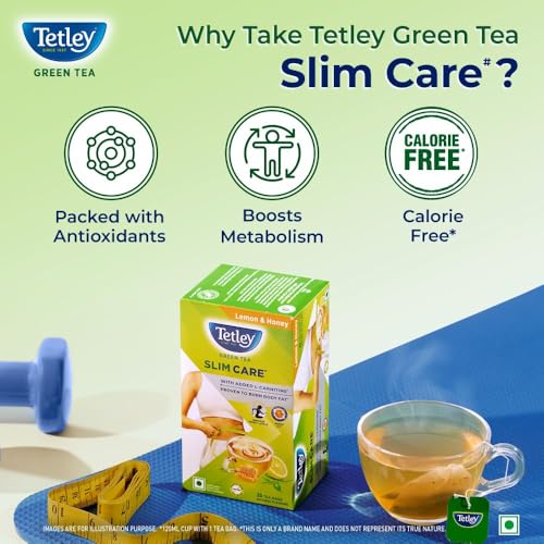 Image of Tetley Green Tea Slim Care, With Added L-Carnitine, Helps Burn Body Fat, Boosts Energy, Low Calories, Delicious Natural Lemon and Honey Flavours, Makes 25 cups (Pack of 3)