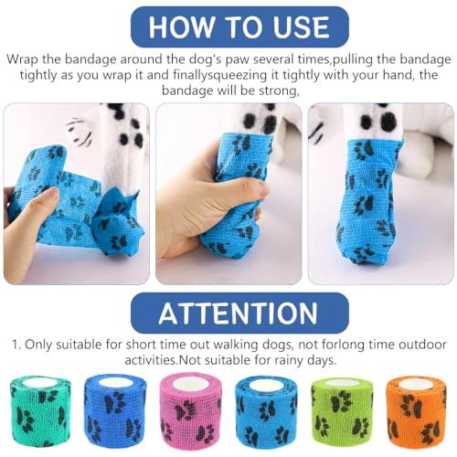 Image of Qpets 6Pcs Dog Bandages for Walk, Self-Adhesive Pet Bandage with Paw Print | 7.5x5.4cm, Waterproof Non-Woven Cat Dog Injury Recovery Wrap Lick-Proof & Breathable