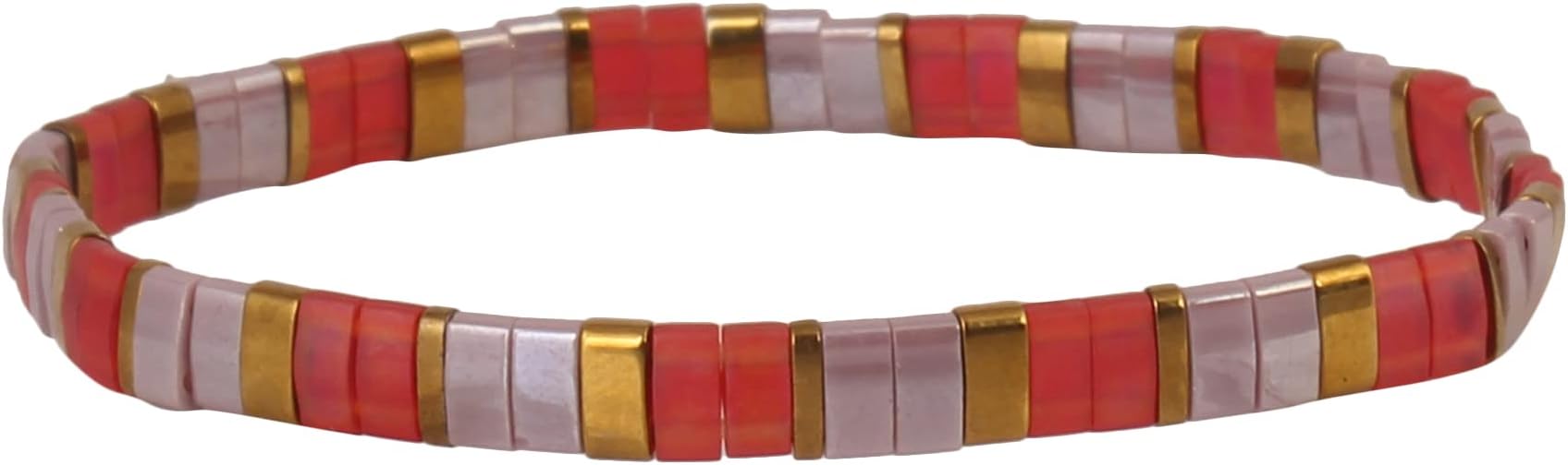 Japanese Tila Beads Party Wear Bracelet For Girls Red, Lavender And Gold Colour Miyuki Tila beads, Adjustable Elastic Fit, Stackable Chic, Secure Closure