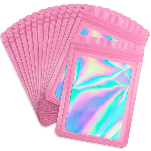 Durimoiy 100 pcs Pink Holographic Packaging Bags,Clear Resealable Flat Foil Pouch Zipper Bag for Food Storage,Hand Craft,Eyelash Packing for Small Business(5.5x7.9In) by Durimoiy - Used condition - CA$16.47