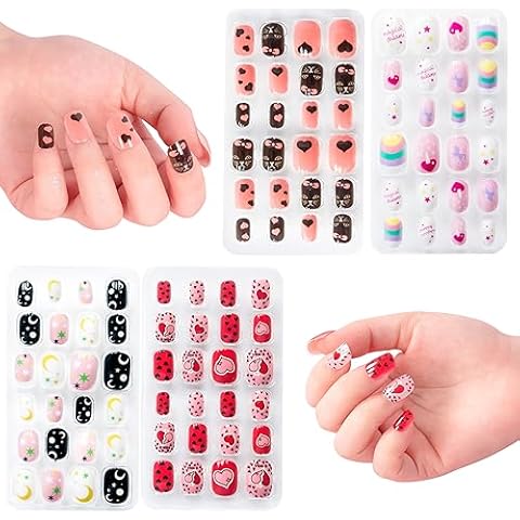 krofaue Press on Nails for Kids - 96pcs 4 Pack Children Fake Nails Kids Girls Stick on Nails for Kids Full Cover Cute Pre-Glue Acrylic Fake Fingernails Kits Sets Little Girls Short Nail Decoration Cover