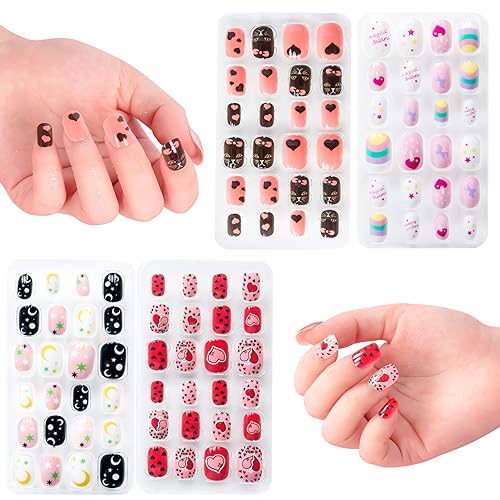 krofaue Press on Nails for Kids - 96pcs 4 Pack Children Fake Nails Kids Girls Stick on Nails for Kids Full Cover Cute Pre-Glue Acrylic Fake Fingernail