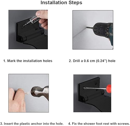 Miniatura 4 de Reposapiés de ducha para afeitarse piernas, taburete de pie montado en la pared para ducha, soporte plegable de metal negro para ducha, baño de