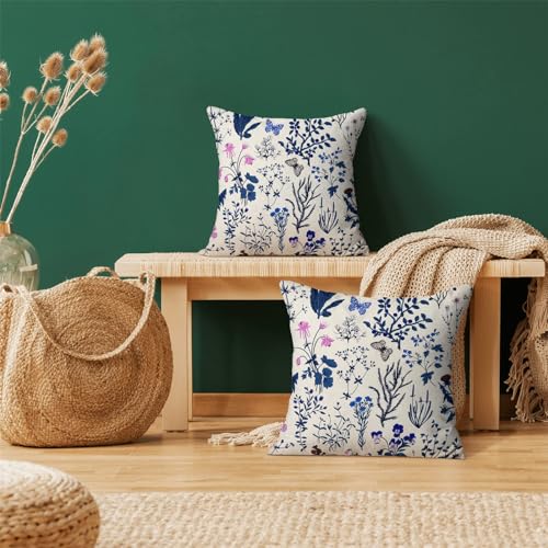 Image of AEIOAE Summer Pillow Covers 20x20 Inch Set of 2,Navy Blue Wild Flower Plant Throw Pillows Case,Seasonal Floral Outdoor Decorative Square Linen Farmhouse Decor Cushion Covers for Home Sofa Bed Couch