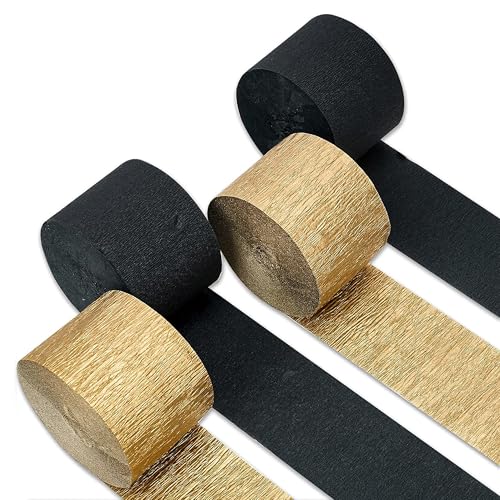 Image of 4 Gold Black Crepe Paper Streamers, 328ft Pack of Party Decorations | Each roll is 82 ft long and 1.8 Inch wide ideal for Birthday Party Decor, Wedding Decorations and Themed Parties