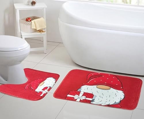 London Dream 2 Piece Christmas Festive Memory Foam Bath Mat and Pedestal Set, Non-slip Soft Super Absorbent Bathroom Rugs (Gonks Gift Parcel)
