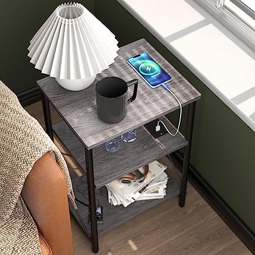 Yusong Small Side Table With Charging Station, Slim End Table For Narrow Space In Living Room,3 Tier Skinny Nightstand Bedside Table With Usb Ports & Outlets For Bedroom, Grey #TOP3