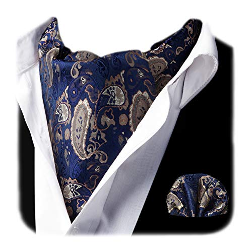 HISDERN Paisley Cravat Ascot Tie and Pocket Square Set for Men Wedding Cravat Scarf Blue