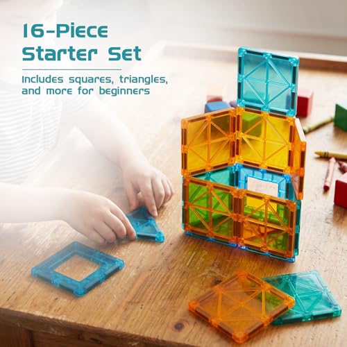 Image of Amazon Brand - Jam & Honey Magnetic Tiles Building Blocks for Kids 3+ Years - 16 pcs | STEM Learning Educational Toy | Creative & Constructive Play | Brain Development Toy | Transparent Starter Set | Multicolour