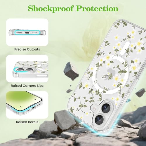 Étui magnétique iPhone 16 coque transparente fleurs de qualité