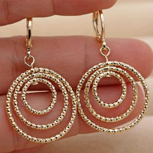 Vuskdtei 14K Gold Plated 360 degree Rotating Bling Bling Hollow Circle Geometry Dangle Earrings for Women, Hypoallergenic Chunky Lightweight Earring, Trendy Earrings, Statement Jewelry Gifts Party Fashion (Dangle-3Circle) by Vuskdtei - Used condition - Image 3