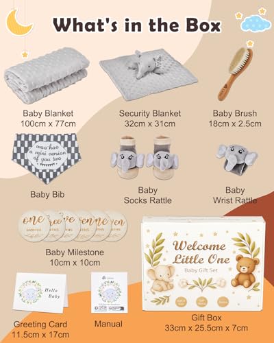 Miniatura 2 de Lictin Cesta De Recién Nacido Para Niños Y Niñas Bebé-14pcs Cesta De Bebé Recién Nacido Con Manta De Bebé, Tarjetas Madera Cumple Mes,Manta De Seguridad Elefante, Calcetines Sonajero Y Muñequera