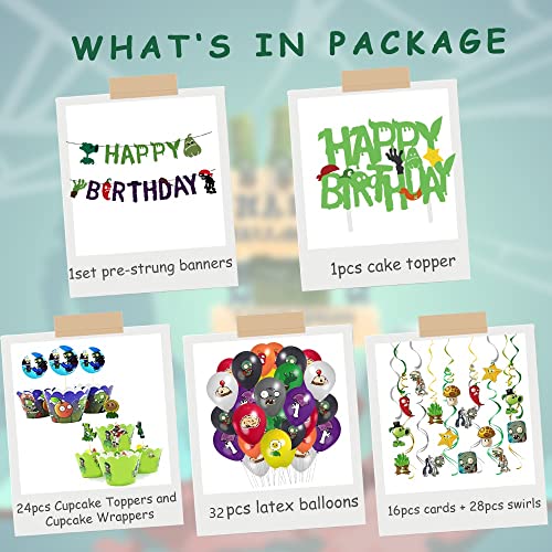 Plants Play Game Theme Party Happy Birthday Zombies Banner, Cake Topper, Cupcake Topper, Cup Cake Wrapper,Zombies Hanging Swirl And Balloon For Pvsz Party Supplies Decoration/Kid Room Decor, 110Pcs #TOP2
