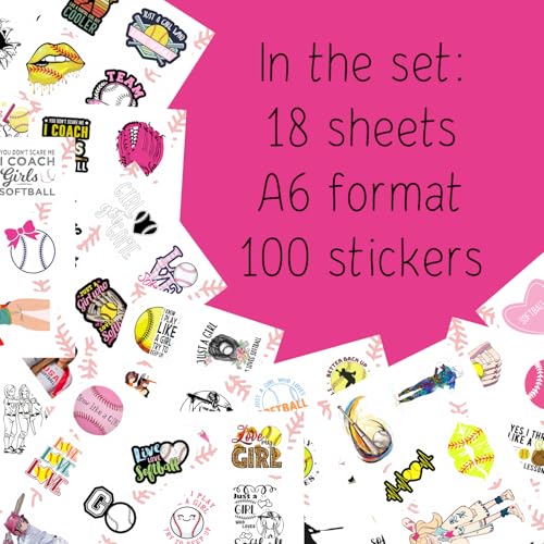 Image of 100Pcs Softball Stickers for Girls for Water Bottle and Laptop - Softball Party Favors & Decorations, Waterproof Vinyl Decals, Sports and Athlete Stickers, Gifts for Women & Men