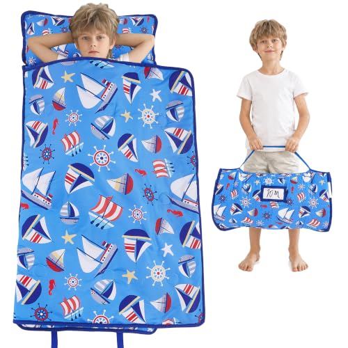 Image of Viviland Toddler Kid Nap Mat for Preschool, Boys Blue Bottomed Sailboat Slumber Bag, Daycare Sleeping Bag with Pillow and Blanket, Kindergarten Sleep Mat
