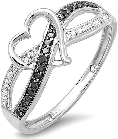 Dazzlingrock Collection 0.20 Carat (ctw) Sterling Silver Round Black & White Diamond Ladies Promise Heart Love Criss Cross Overlap Engagement Ring 1/5 CT, Size 8