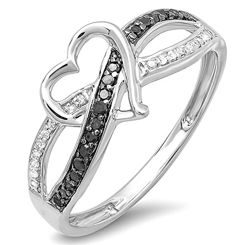 Dazzlingrock Collection 0.20 Carat (Ctw) Sterling Silver Round Black & White Diamond Ladies Promise Heart Love Criss Cross Overlap Engagement Ring 1/5 Ct, Size 8 #TOP3