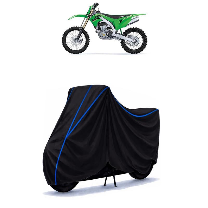 Image of KX250 Bike Cover Water Resistant Universal Motorcycle Rain | Heavy Duty UV Protection, Dust, Scratch Indoor Outdoor All Weather with Black Blue Piping Elastic