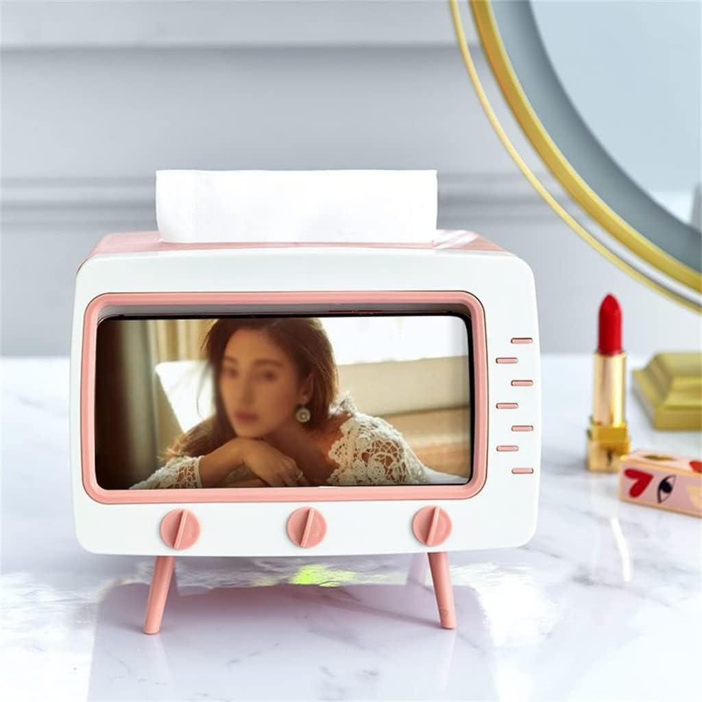 Multi Functional Tissue Box Desktop TV Drawer Retro with Mobile Phone Holder Storage(C)