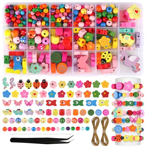 jwogngls 432 contas de madeira coloridas, 18 camadas, conjunto de artesanato, contas coloridas para enfiar, contas de madeira para enfiar, vem com agulha e fio
