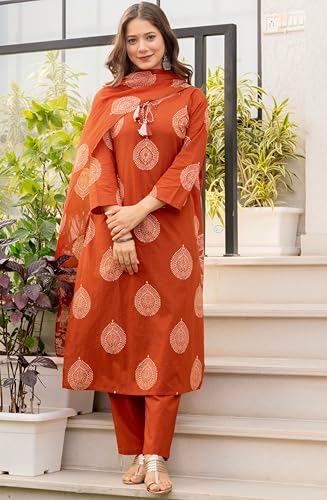 Image of rytras Women Woman Pure Cotton Straight Kurta Sets with Palazzos Pants & Dupatta|Kurti Set for Woman|Suit Set for Women Cotton
