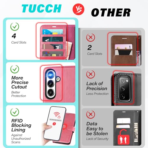 TUCCH Case Wallet for Galaxy S25 Plus 6.7", PU Leather Magnetic Kickstand [RFID Blocking] Card Slot Folio Flip Cover with [TPU Shockproof Interior Case] Compatible with Galaxy S25 Plus 6.7", Hot Pink by TUCCH - Image 3