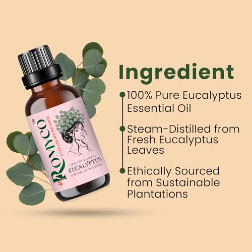 Image of Romyco Eucalyptus Essential Oil 15ml (Nilgiri) for Skin, Hair, Steam Inhalation & Massage | Aromatherapy Diffuser Oil | Premium, Natural, Undiluted, Therapeutic Grade