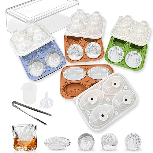 AIBIRUI Sphere Ice Cube Mold,Silicone Ice Cube Tray with Lid and Bin,Ice Ball Maker Molds with Football,Basketball,Soccer,Cactus,Large Ice Cube Molds for Cocktail(4 Pack Whiskey Ice cubes)