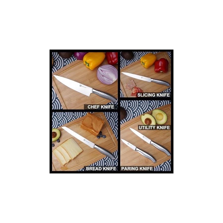 Hanmaster Kitchen Knife Set, One-piece Stainless Steel Knife Sets for Kitchen with Block, 6 Pieces Solid Natural Wood Knife Block Set, Box Packed, Silver.