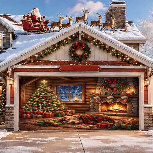 Image of Cozy Christmas Cabin Fireplace Scene Garage Door Cover 157x71 Inch