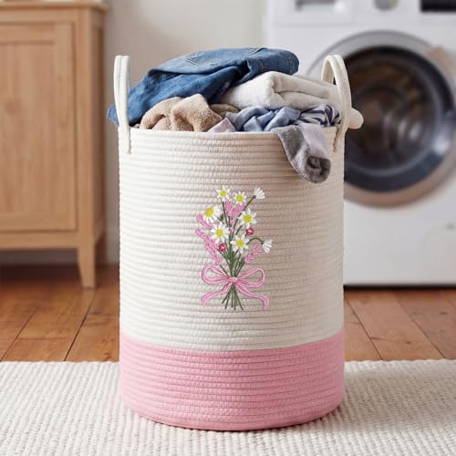 Image of Honeydak Pink Bow Cotton Rope Laundry Basket Hamper, Flower