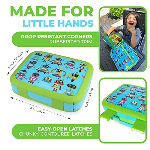 Kinsho Bento Lunch Box For Kids Toddlers Boys, 4 Portion Sections Secure Lid, Microwave Safe Bpa Free Removable Tray, Pre-School Kid Daycare Lunches Snack Container Ages 3 To 5, Green Robot #TOP2