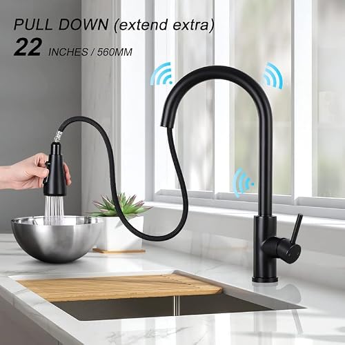 Kzh Touch Kitchen Faucet With Pull Down Sprayer,Motion Single Handle Touch Activated Faucet With Deck Plate,304 Stainless Steel, Black #TOP2