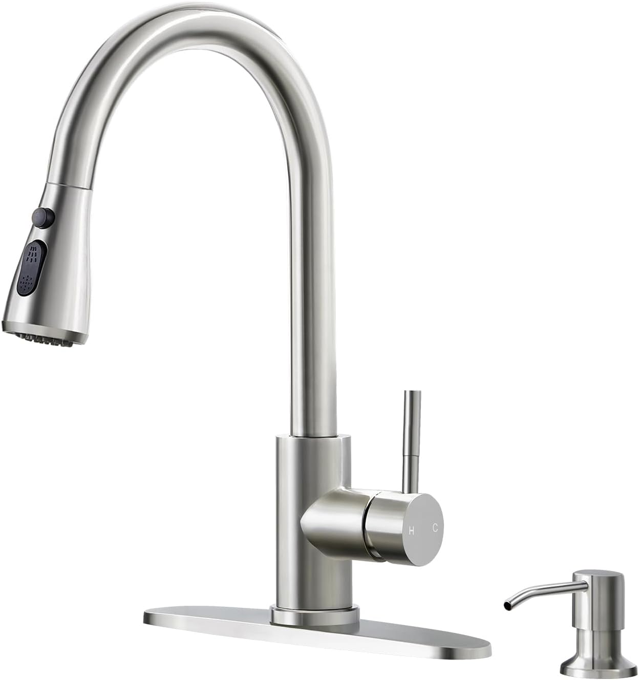 Kitchen Sink Faucet with Soap Dispenser, Brushed Gold Kitchen Faucet with Pull Down Sprayer 3 Modes, High Arc Stainless Steel Single Handle Kitchen Faucets for Bar RV Sink ZY-YBCL001-GOS