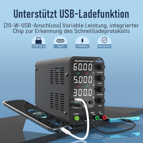 Labornetzteil, Jesverty Labornetzteil DC Regelbar Netzgerät(60V, 5A) mit 20W USB & Type-C Schnell-Ladung, Encoder Corase & Feineinstellknopf, Ausgangsschalter, 4-stellige LED-Anzeige - SPS-6005V