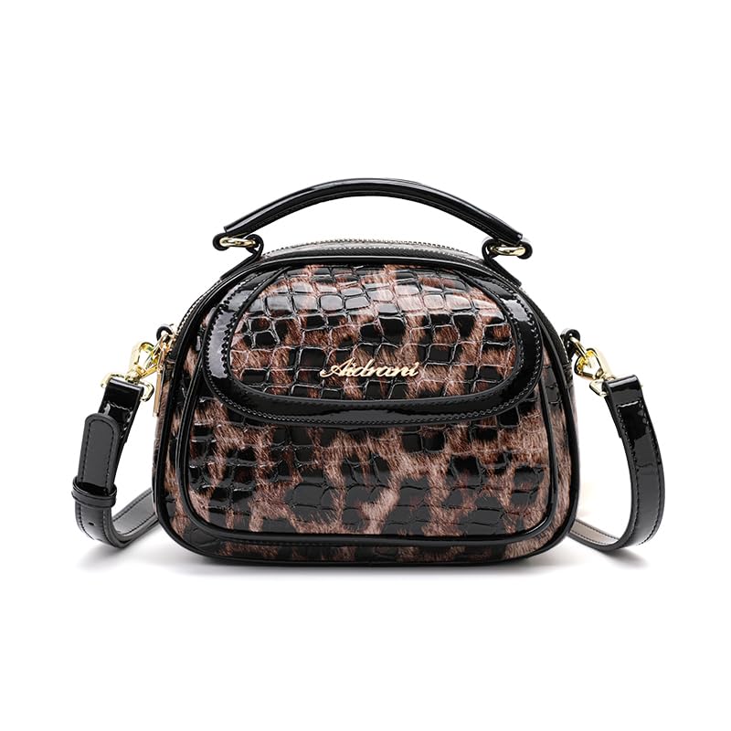 Genuine leather leopard-print embossed glossy women's handbag with detachable adjustable shoulder strap, cross-body bag, and coin purse