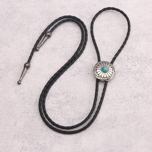 Image of GelConnie Bolo Tie for Men Women Western Cowboy Turquoise Leather Necktie | Natural Stone Bolo Tie Necklace for Women Rodeo Cowboy Leather Necktie Native American Western Cowgirl Ties Adjustable Cord