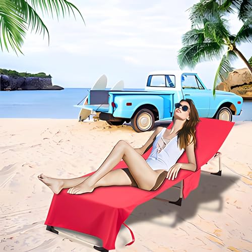 VOCOOL Lounge Chair Beach Towel Cover Microfiber Pool Lounge Chair Cover with Pockets Holidays Red - Thumbnail 6