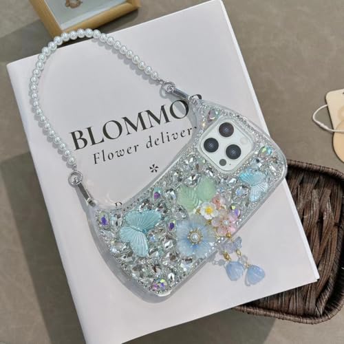 iFiLOVE for iPhone 15 Case with Pearl Strap, Luxury Bling Diamond Sparkle Glitter Crystal Rhinestone Butterfly Flower Tassels Pendant Case Cover for Girls Women (Pink) by iFiLOVE - Used condition - Image 3
