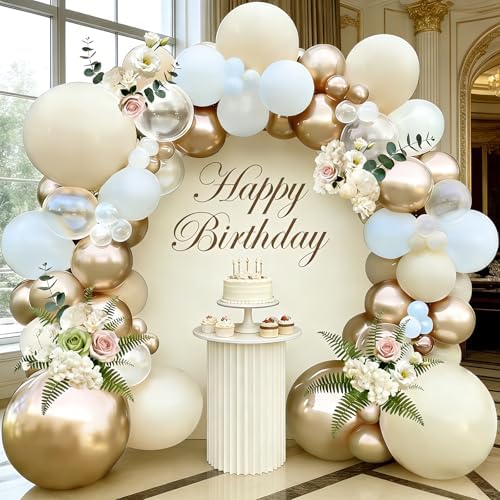 White Sand Metallic Champagne Gold Balloons Garland Arch Kit,139PCS White Neutral Balloons with Clear Balloons for Birthday Wedding Baby Shower Bridal Shower Engagement Anniversary Decoration