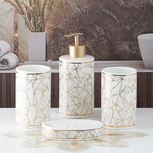 Image of SaSaSa Ceramic Bathroom Accessories Set of 4 Modern Bath Set with Soap Dispenser & Toothbrush Holder, Luxury Home & Gift Idea, White /Gold (9743)