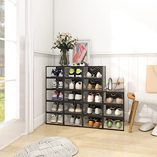Black Shoe Storage Boxes 12 Pack,Shoe Organizer For Closet, Clear Plastic Shoe Boxes Stackable, Foldable Storage Containers With Lids #TOP4