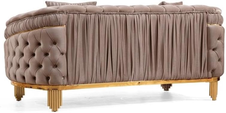 Pemberly Row 2 Piece Living Room Set, Velvet Upholstery in Taupe, Sofa and Love Seat, Button-Tufted Design, Gold Metal Legs, Foam Cushions with Faux Fur Pillows, Glam Style for Family Gathering Spaces
