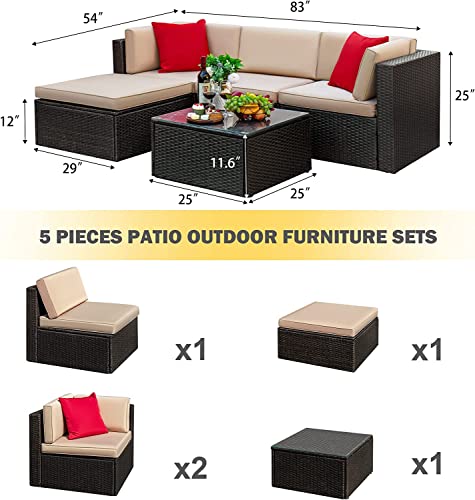 Tuoze 5 Pieces Patio Furniture Sectional Outdoor Pe Rattan Wicker Lawn Conversation Cushioned Garden Sofa Set With Glass Coffee Table (Beige) #TOP5