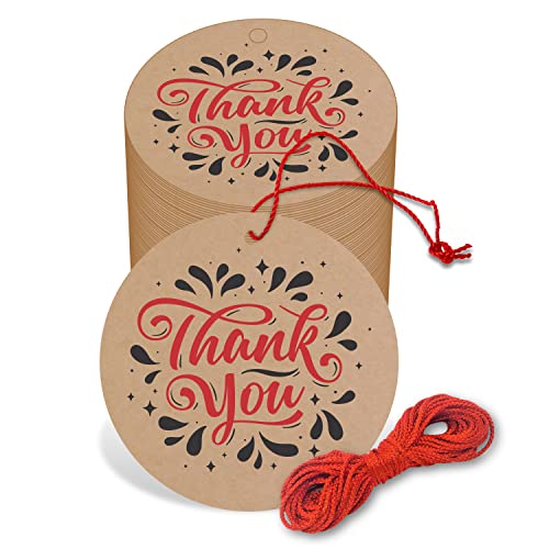 Image of Clickedin inch Thank You inch Kraft Paper Tags | Eco-Friendly | Brown Tags with Thread | 50 Pieces
