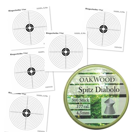 OAKWOOD Set 50 Zielscheiben 14x14cm + 500 Diabolos 4,5mm Spitzkopf oder Flachkopf nach Wahl mit Kugelfang Trichter Verschiedene Varianten für Luftgewehr und Luftpistole (ZS. Ring + Diabo. Spitz)