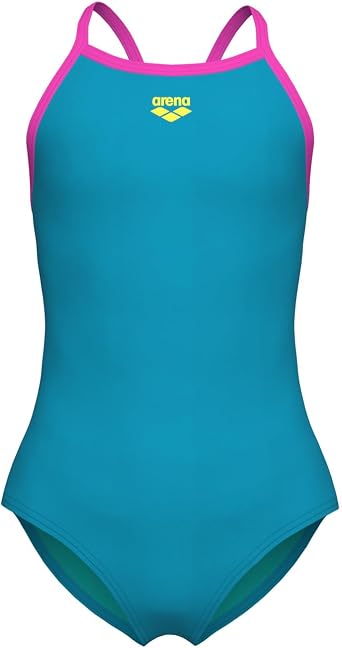 ARENA Feel Girls Junior Solid Light Drop Back Swimsuit Thin Straps Chlorine Resistant Quick Drying Comfortable One Piece Bathing Suit, Eyeblush Blue/Shocking Pink, US Size 10-12 Jr/28