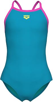 ARENA Feel Girls Junior Solid Light Drop Back Swimsuit Thin Straps Chlorine Resistant Quick Drying Comfortable One Piece Bathing Suit, Eyeblush Blue/Shocking Pink, US Size 10-12 Jr/28