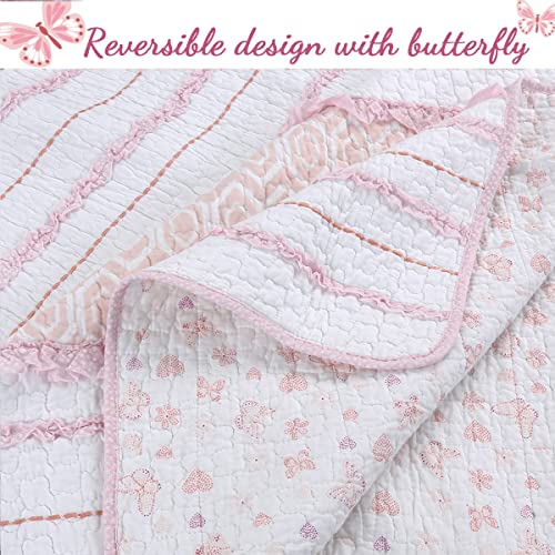 Cozy Line Home Fashions BB-K-11711A1 Pretty In Pink Girly Ruffle Stripped 100% Cotton Reversible Quilt Bedding Set thumb #5