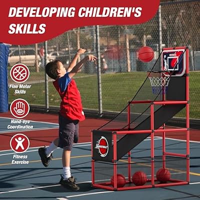 HYES Basketball Arcade Game Indoor Outdoor, Kids Basketball Hoop with 4 Balls & Pump, Single Shot Basketball Game at Home, Carnival Games Sport Toys for Boys Girls Teens